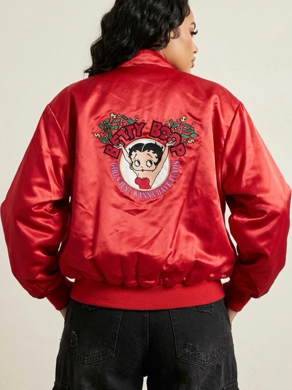 BOOPTIQUE AT MGM GRAND Vintage 90s Betty Boop Satin Bomber Jacket Red M